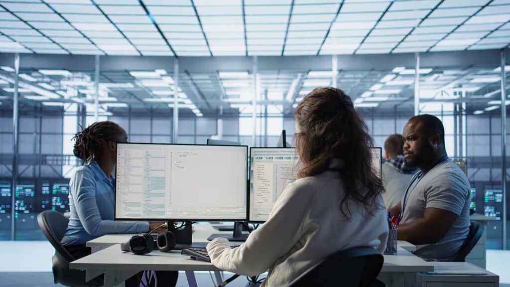 Terceirizar serviços de TI para reduzir custos e aumentar a produtividade 11 Equipe de TI trabalhando em uma sala de servidores monitorando dados em computadores