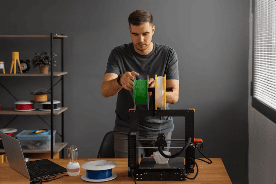 Homem operando uma impressora 3D e manuseando filamentos coloridos sobre uma mesa