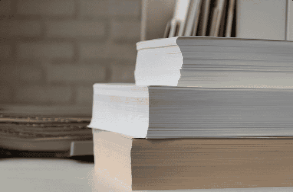 Pilhas de folhas de papel impresso empilhadas sobre uma mesa