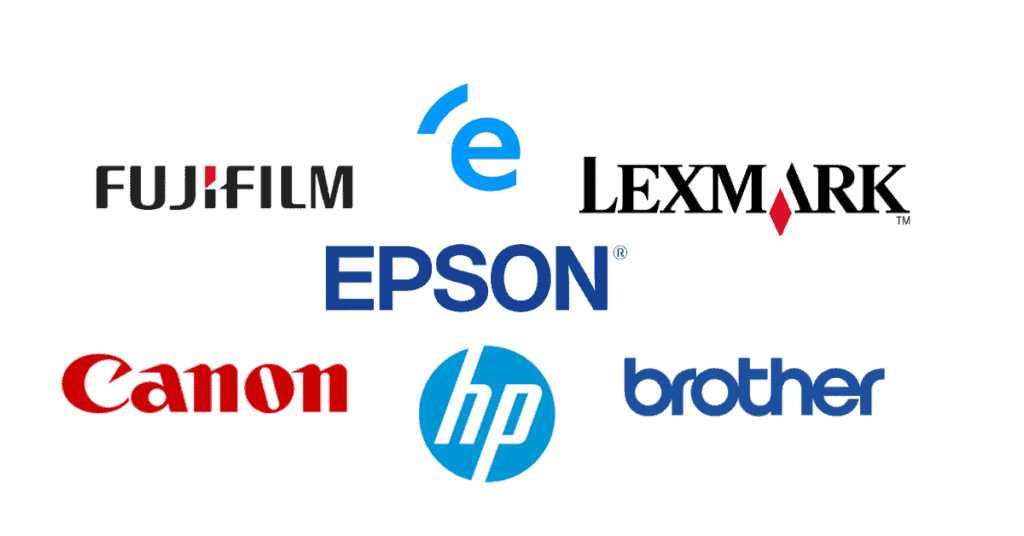 Melhores marcas de impressora para o seu negócio 5 Logotipos das marcas de impressora Fujifilm, Lexmark, Epson, Canon, HP e Brother