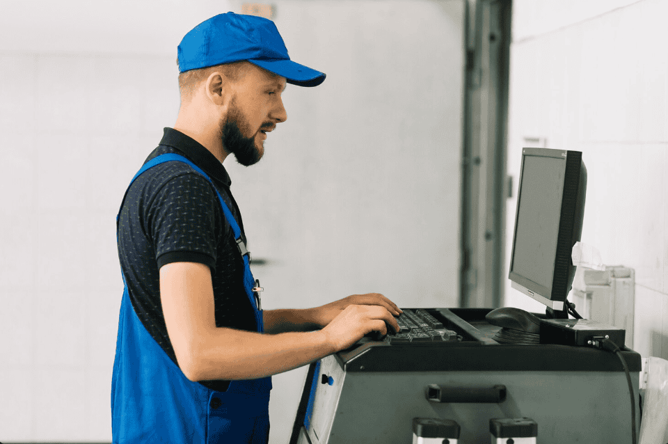 T&eacute;cnico de uniforme operando um equipamento durante servi&ccedil;o de manuten&ccedil;&atilde;o