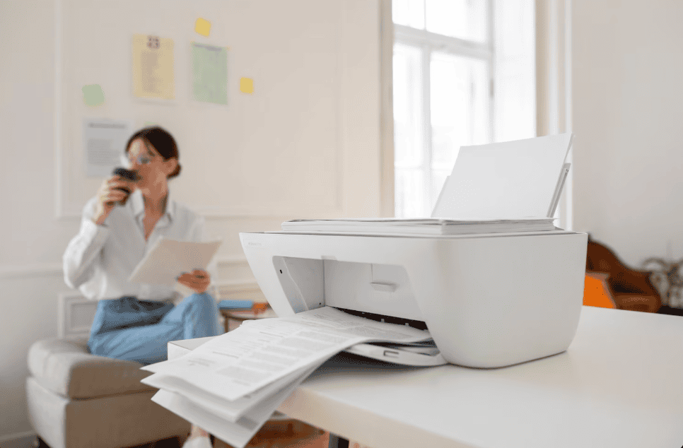 Impressora multifuncional imprimindo documentos sobre uma mesa em ambiente de escritório