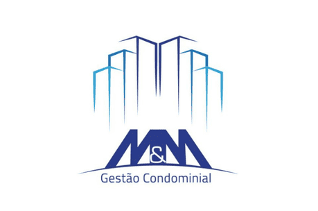 Logotipo da M&M Gest&atilde;o Condominial com ilustra&ccedil;&atilde;o de pr&eacute;dios